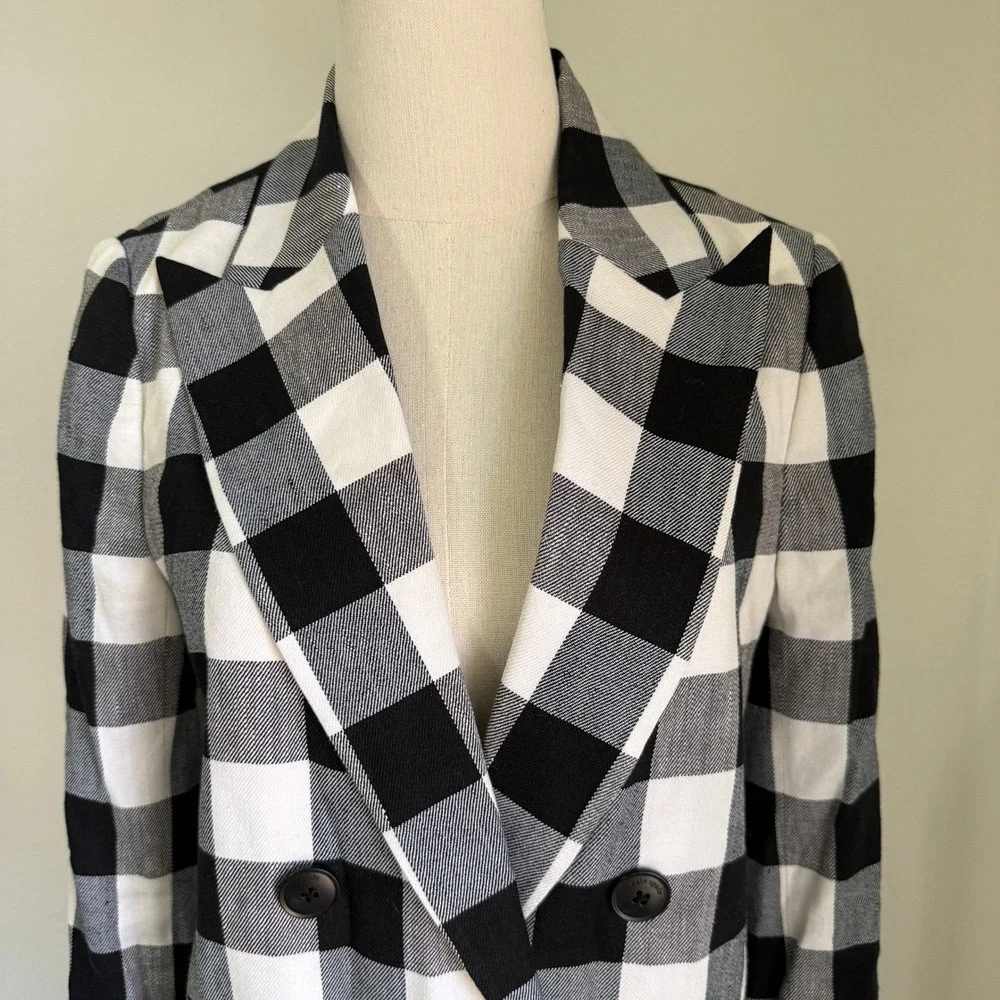 Kate Spade Gingham Linen Blend Double Breasted Blazer 2 Preppy Tailored Black